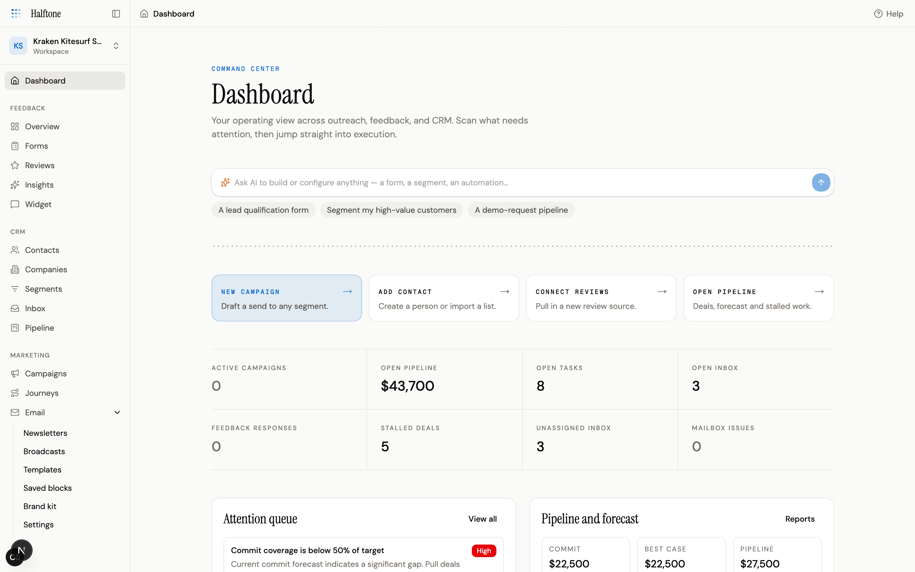 Halftone dashboard with AI command bar, quick actions and workspace stats