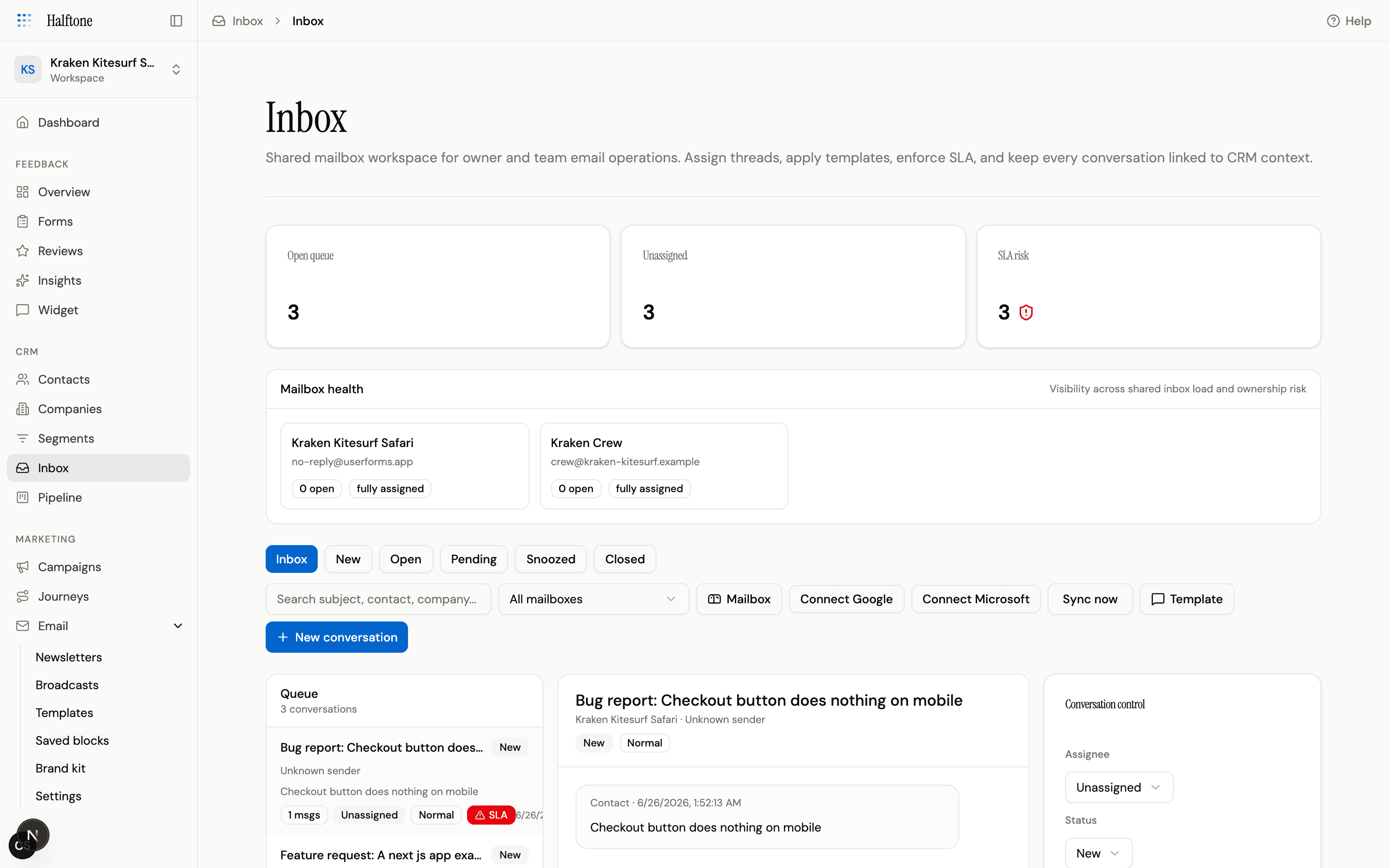 Halftone shared inbox with open queue, SLA risk and conversation controls