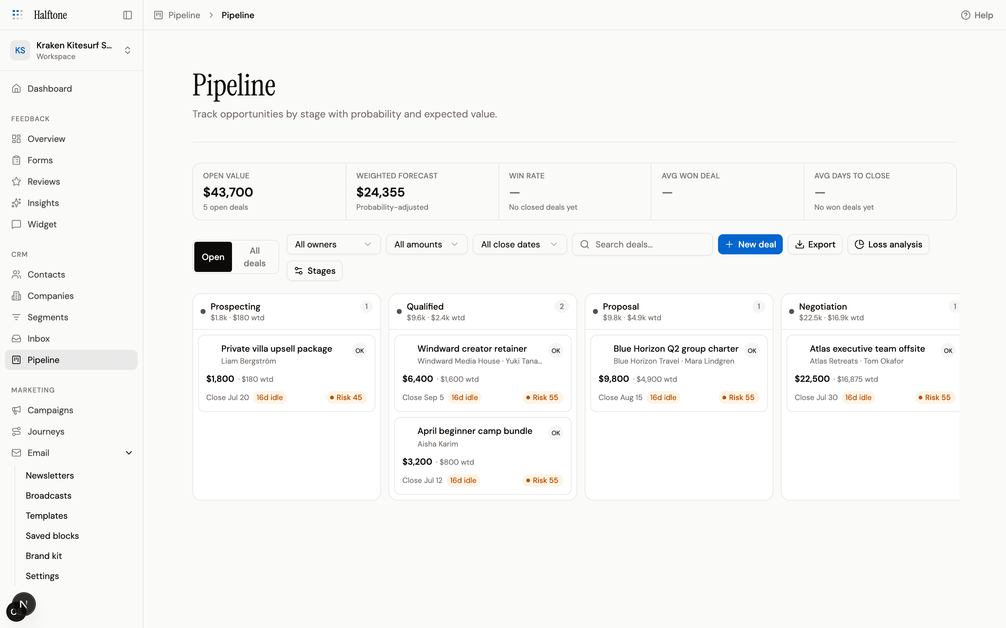 Halftone pipeline board with deal stages, weighted forecast and risk flags